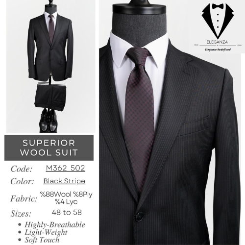 Eleganza Superior Wool Suit - Black Striped