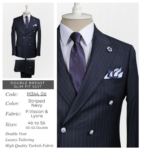 Double Breast Slim Fit Striped Navy Suit