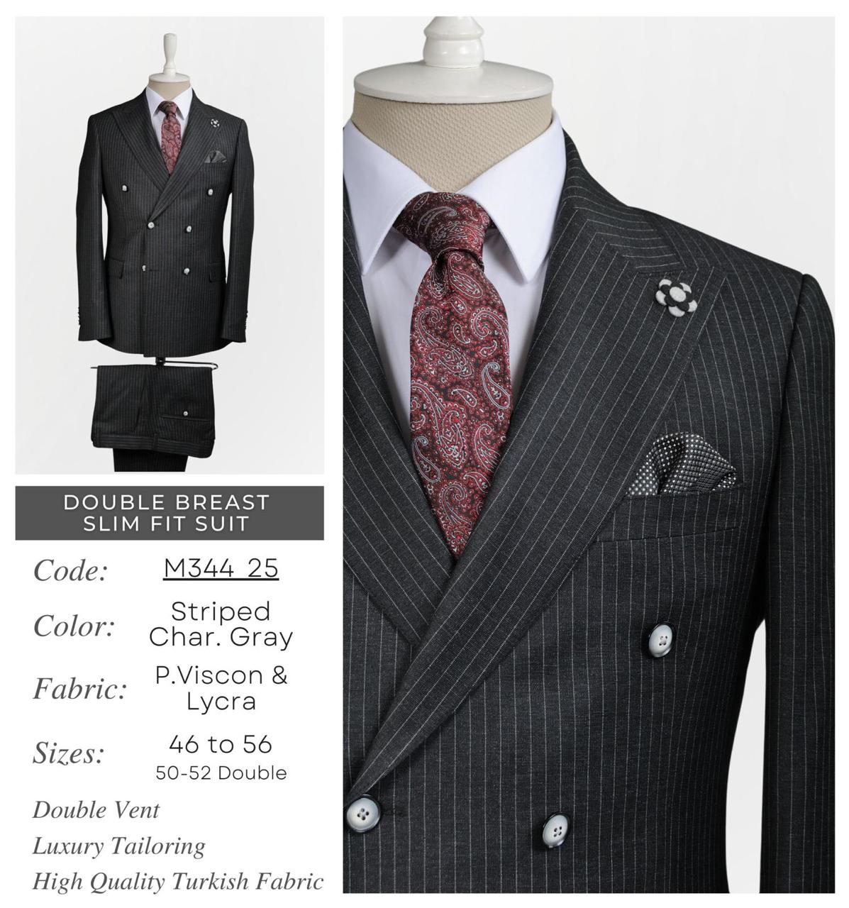 Double Breast Slim Fit Striped Charcoal Gray Suit