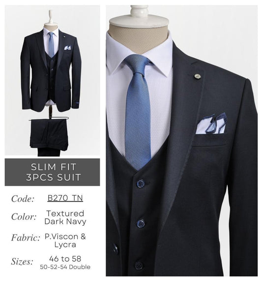 Slim Fit Textured Dark Navy 3-Piece Suit