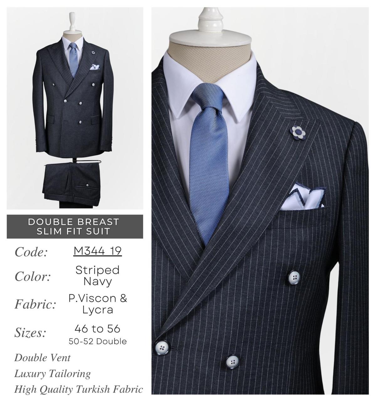 Double Breast Slim Fit Striped Navy Suit