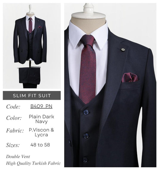 Slim Fit Plain Dark Navy 3-Piece Suit