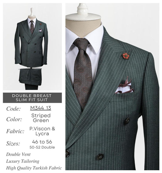 Double Breast Slim Fit Striped Green Suit