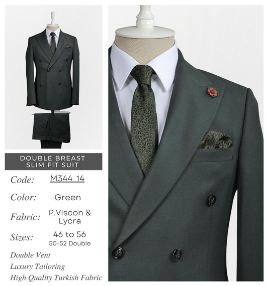 Double Breast Slim Fit Striped Green Suit