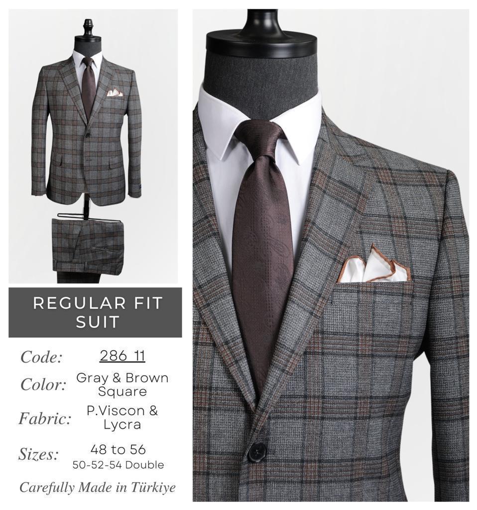 Regular Fit Gray & amp; Brown Square Suit