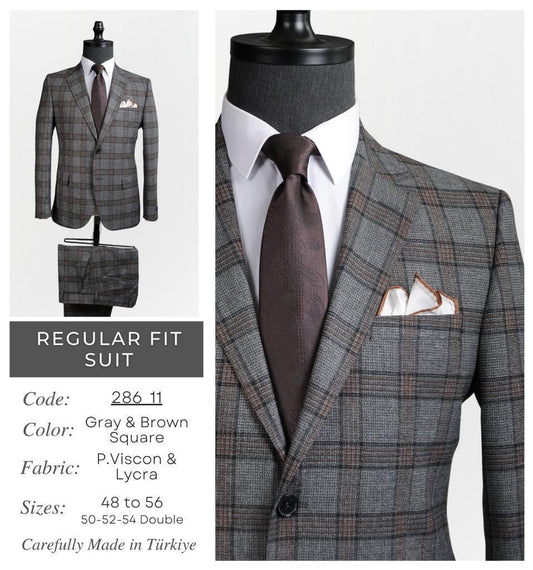 Regular Fit Gray & amp; Brown Square Suit