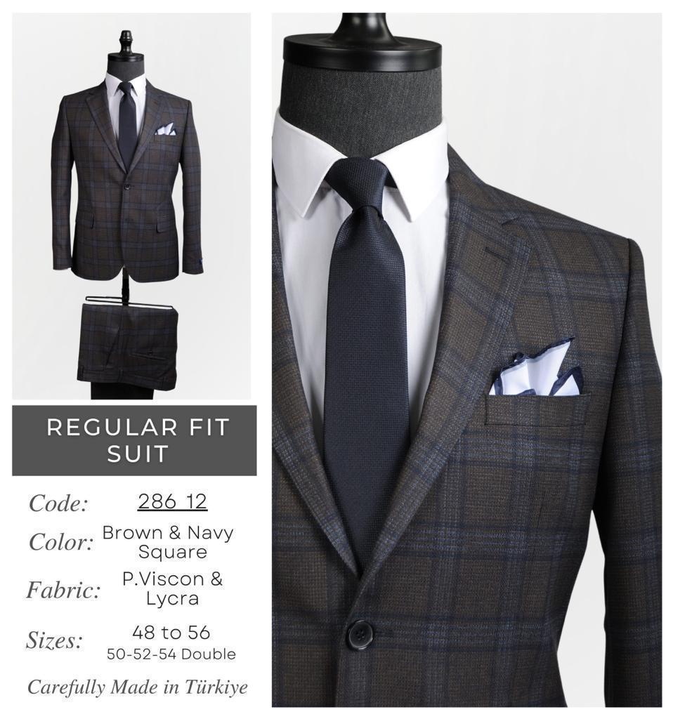 Regular Fit Brown &amp; Navy Square Suit