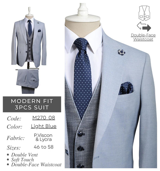 Modern Fit Light Blue 3-Piece Suit