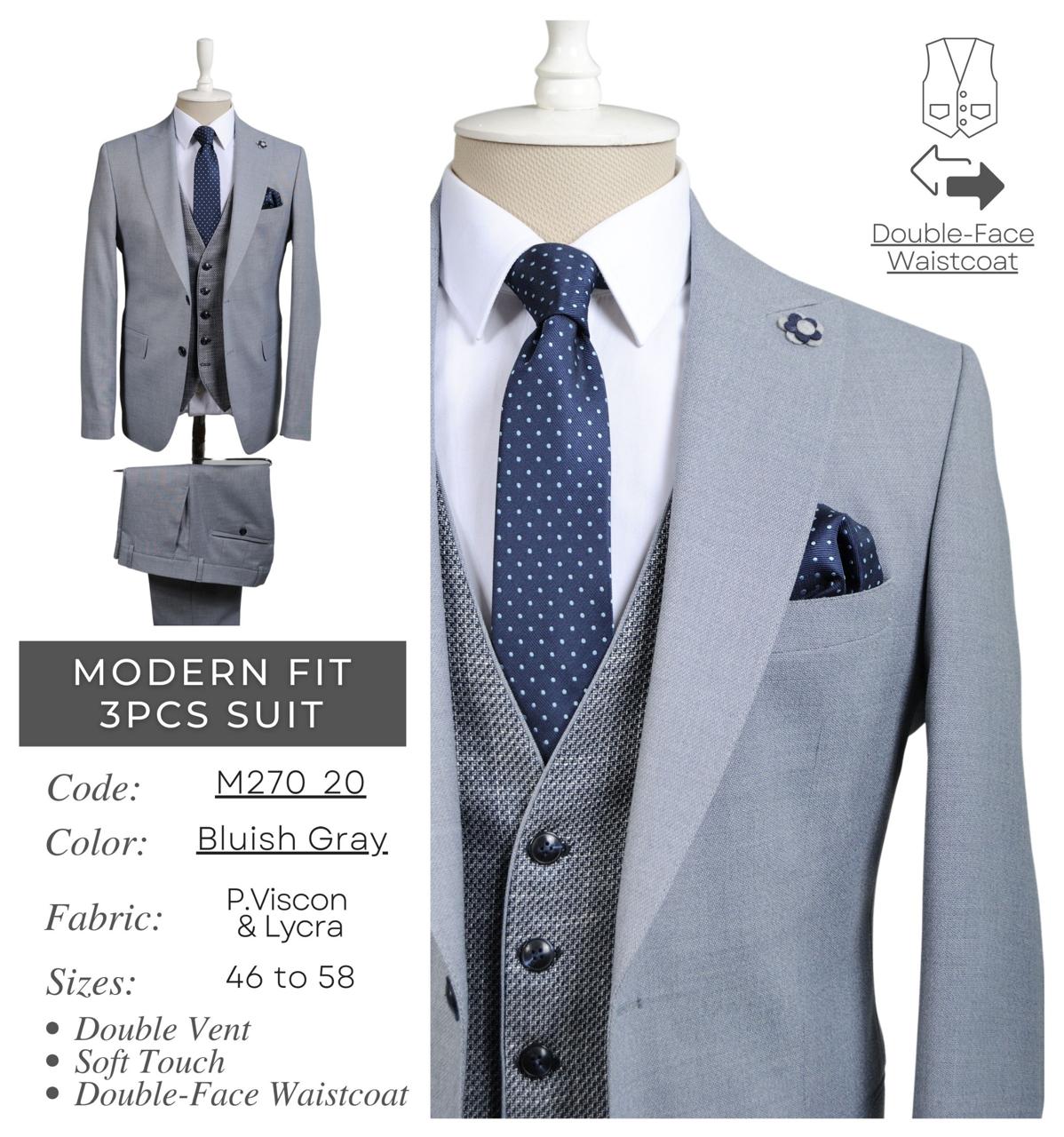 Modern Fit Bluish Gray 3-Piece Suit