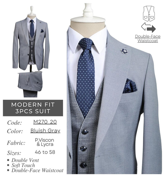 Modern Fit Bluish Gray 3-Piece Suit