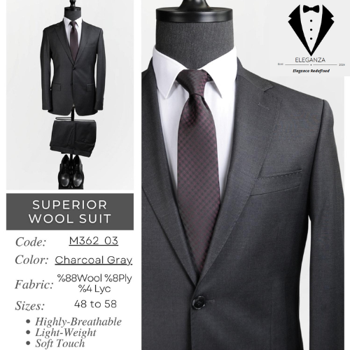 Eleganza Superior Wool Suit - Charcoal Gray