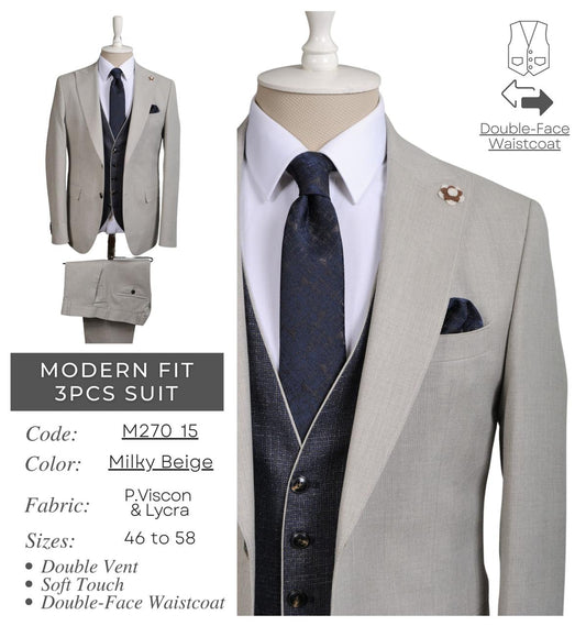 Modern Fit Milky Beige 3-Piece Suit